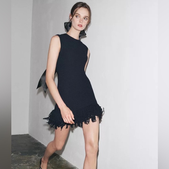 Zara - Fringed Checkered Knit Dress - Navy Blue - Women